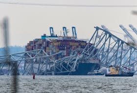 A view of the Dali cargo vessel, following the collapse of the Francis Scott Key Bridge, in Baltimore, as seen from Riviera Beach, Maryland, U.S., March 28, 2024.