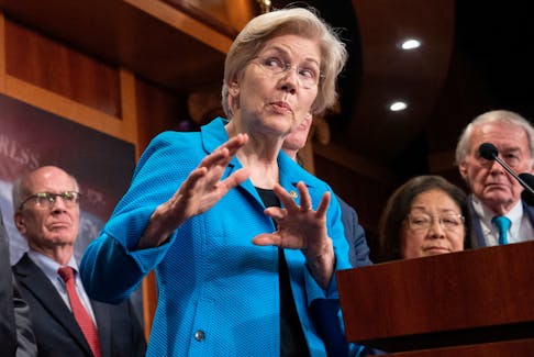 U.S. Senator Elizabeth Warren (D-MA) speaks alongside Senate Democrats during a press conference addressing a new policy that demands recipients of foreign military aid to follow international humanitarian law at the U.S. Capitol in Washington, U.S., February 9, 2024.