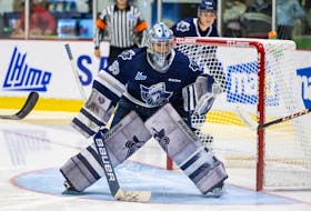 Rimouski Océanic goaltender Cédric Massé keeps a close eye on play during Quebec Maritimes Junior Hockey League action in Rimouski earlier this season. The rookie will begin the playoffs as the team’s No. 1 goaltender following an injury to starter Quentin Miller earlier this month. CONTRIBUTED/IFTEN REDJAH, RIMOUSKI OCEANIC