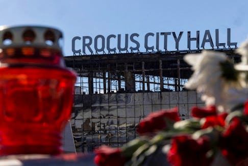 A view shows the burnt-out Crocus City Hall following a deadly attack on the concert venue in the Moscow Region, Russia, March 27, 2024.