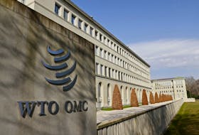 The World Trade Organization logo is seen at its headquarters in Geneva, Switzerland, March 4, 2021.
