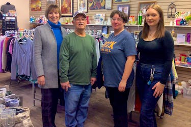 Columnist Yvonne Kennedy found the CAPE Thrift Store in Glace Bay while recently thrift shopping. CAPE stands for Centre for Adults in Progressive Employment. CAPE Society is a non-profit organization that provides opportunities for adults with intellectual disabilities. From the left are Kim Bedecki, executive director, Danny McPhee, participant, Ann McCarthy, participant, and Taylor Turnbull, an employee.