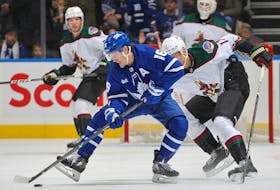 Mitch Marner of the Toronto Maple Leafs controls the puck against Nick Bjugstad of the Arizona Coyotes.