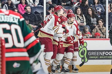 Members of the Bathurst Titan celebrate their goal in a 2-1 overtime win over the Halifax Mooseheads at the Scotiabank Centre on Friday.