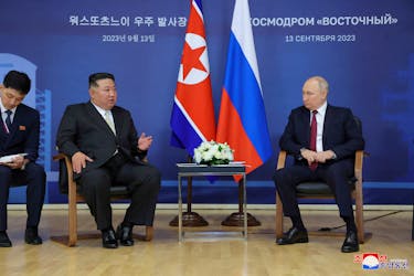 Russia's President Vladimir Putin and North Korea's leader Kim Jong Un attend a meeting at the Vostochny Cosmodrome in the far eastern Amur region, Russia, September 13, 2023 in this image released by North Korea's Korean Central News Agency. KCNA via