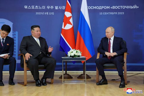 Russia's President Vladimir Putin and North Korea's leader Kim Jong Un attend a meeting at the Vostochny Cosmodrome in the far eastern Amur region, Russia, September 13, 2023 in this image released by North Korea's Korean Central News Agency. KCNA via