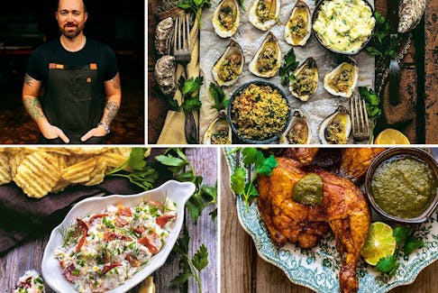 Clockwise from top left: chef, TV host, and cookbook author Dennis Prescott; baked oysters with garlic butter and Parmesan pangrattato;  smoky lime chicken with grilled jalapeño hot sauce; and creamed lobster dip. PHOTOS BY DENNIS PRESCOTT