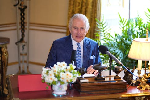 Britain's King Charles appears during the recording of his audio message for the Royal Maundy Service, which is to take place at Worcester Cathedral on Thursday, March 28, in the 18th Century Room at Buckingham Palace, in London, Britain, in this undated handout photo released by the Royal Household on March 27, 2024. BBC/Sky/ITV News/Handout via
