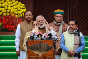 India's Prime Minister Narendra Modi speaks with the media inside the parliament premises upon his arrival on the first day of the budget session in New Delhi, India, January 31, 2024.