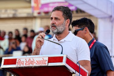 Rahul Gandhi, a senior leader of India's main opposition Congress party addresses his supporters in a public meeting during Rahul's 66-day long "Bharat Jodo Nyay Yatra", or Unite India Justice March, in Jhalod town, Gujarat state, India, March 7, 2024.