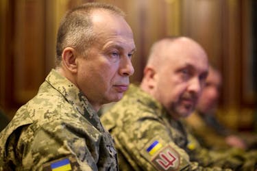 Commander in Chief of the Ukrainian Armed Forces Colonel General Oleksandr Syrskyi attends a meeting with Ukraine's President Volodymyr Zelenskiy and newly appointed top military commanders, amid Russia's attack on Ukraine, in Kyiv, Ukraine February 10, 2024. Ukrainian Presidential Press Service/Handout via