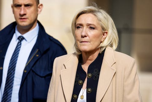 President of the 'Rassemblement National' (RN) parliamentary group Marine Le Pen attends a "national tribute" ceremony for late French politician and admiral, Philippe de Gaulle, son of Charles de Gaulle, at the Hotel des Invalides in Paris, France on March 20, 2024.  LUDOVIC MARIN/Pool via REUTERS