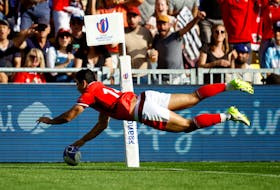 Rugby Union - Louis Rees-Zammit scores a try for Wales against Georgia in a Pool C game at  2023 Rugby World Cup - Stade de la Beaujoire, Nantes, France - October 7, 2023 Wales' 