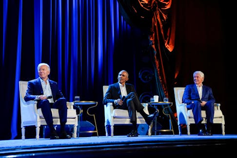 U.S. President Joe Biden, former U.S. Presidents Barack Obama and Bill Clinton participate in a discussion moderated by Stephen Colbert, host of CBS's "The Late Show with Stephen Colbert", during a campaign fundraising event at Radio City Music Hall in New York, U.S., March 28, 2024.