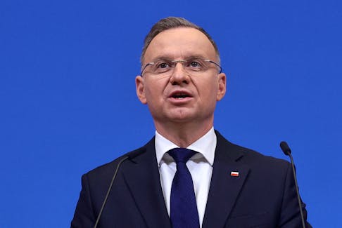 Polish President Andrzej Duda speaks during a press conference with NATO Secretary General Jens Stoltenberg at the alliance's headquarters in Brussels, Belgium March 14, 2024.