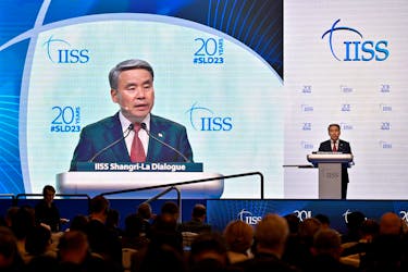 South Korea's Minister of National Defence, Lee Jong-sup speaks at a plenary session of the 20th IISS Shangri-La Dialogue in Singapore June 3, 2023.