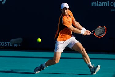 Mar 24, 2024; Miami Gardens, FL, USA; Andy Murray (GBR) hits a backhand against Tomas Machac (CZE) (not pictured) on day seven of the Miami Open at Hard Rock Stadium. Mandatory Credit: Geoff Burke-USA TODAY Sports/ File Photo