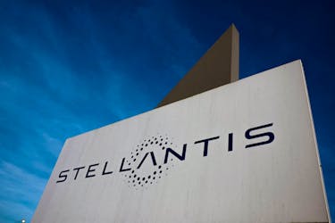 The logo of Stellantis is seen on the company's building in Velizy-Villacoublay near Paris, France, March 19, 2024.