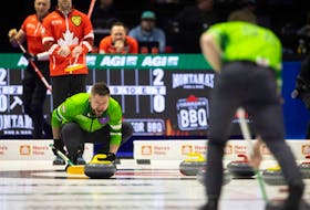 Saskatchewan skip Mike McEwen watches the rock slide down the ice as Team Saskatchewan takes on Team Canada in Pool B action at the 2024 Montana's Brier inside the Brandt Centre on Saturday, March 2, 2024 in Regina.