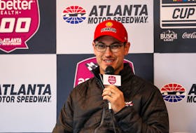 Feb 25, 2024; Hampton, Georgia, USA; NASCAR Cup Series driver Joey Logano (22) talks with the media prior to qualifying for the Ambetter Health 400 at Atlanta Motor Speedway. Mandatory Credit: David Yeazell-USA TODAY Sports/File Photo
