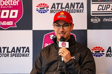 Feb 25, 2024; Hampton, Georgia, USA; NASCAR Cup Series driver Joey Logano (22) talks with the media prior to qualifying for the Ambetter Health 400 at Atlanta Motor Speedway. Mandatory Credit: David Yeazell-USA TODAY Sports/File Photo