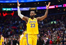 Feb 28, 2024; Los Angeles, California, USA; Los Angeles Lakers forward LeBron James (23) celebrates the victory against the Los Angeles Clippers at Crypto.com Arena. Mandatory Credit: Gary A. Vasquez-USA TODAY Sports/ File Photo