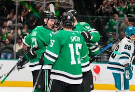 Mar 2, 2024; Dallas, Texas, USA;  Dallas Stars center Radek Faksa (12) celebrates with teammates after scoring a goal against the San Jose Sharks during the second period at American Airlines Center. Mandatory Credit: Chris Jones-USA TODAY Sports