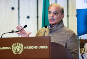 Pakistan's Prime Minister Shehbaz Sharif speaks at a news conference, during a summit on climate resilience in Pakistan, months after deadly floods in the country, at the United Nations, in Geneva, Switzerland, January 9, 2023.