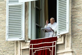 Pope Francis leads the Angelus prayer from his window at the Vatican, March 3, 2024. Vatican Media/­Handout via REUTERS