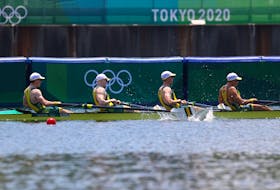 Tokyo 2020 Olympics - Rowing - Men's Four - Heats - Sea Forest Waterway, Tokyo, Japan - July 24, 2021. Alexander Purnell of Australia, Spencer Turrin of Australia, Jack Hargreaves of Australia and Alexander Hill of Australia in action