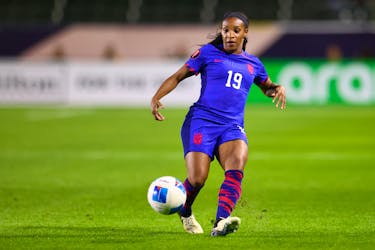 Feb 23, 2024; Carson, California, USA;  United States defender Crystal Dunn (19) passes the ball against Argentina during the first half at Dignity Health Sports Park. Mandatory Credit: Jessica Alcheh-USA TODAY Sports/File Photo