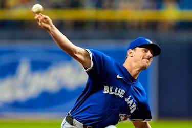 Blue Jays starting pitcher Chris Bassitt delivers to the Tampa Bay Rays during the first inning on Friday, March 29, 2024, in St. Petersburg, Fla. 