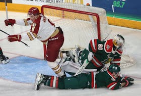 Halifax Mooseheads Mathis Rousseau and Brady Schultz look on as Acadie-Bathurst Titan Dylan Andrews celebrates an overtime winning goal by teammate Milo Roelens during QMJHL action in Halifax Friday March 29, 2024.