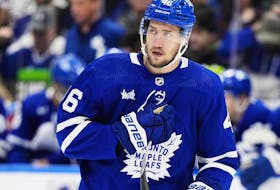 Toronto Maple Leafs' Ilya Lyubushkin (46) skates with his new team against the New York Rangers.