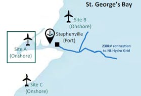 A map showing the sites for a wind farm in World Energy GH2’s proposed project to construct a wind farm and hydrogen/ammonia production facility in the Stephenville-Port au Port area. – World Energy GH2/Contributed