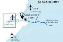 A map showing the sites for a wind farm in World Energy GH2’s proposed project to construct a wind farm and hydrogen/ammonia production facility in the Stephenville-Port au Port area. – World Energy GH2/Contributed