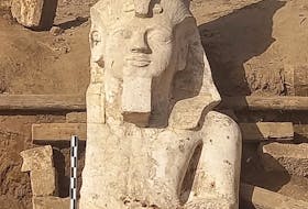 A section of a limestone statue of Ramses II unearthed by an Egyptian-U.S. archaeological mission in El Ashmunein, south of the Egyptian city of Minya, Egypt in this handout image released on March 4, 2024. The Egyptian Ministry of Antiquities/Handout via REUTERS