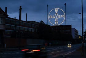 The 120 metres high Bayer Cross, logo of German pharmaceutical and chemical maker Bayer AG, consisting of 1710 LED glass bulbs is seen outside the industrial park "Chempark" of the chemical industry in Leverkusen, Germany, September 23, 2023.