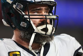 Jan 15, 2024; Tampa, Florida, USA;  Philadelphia Eagles center Jason Kelce (62) looks on during warm ups a 2024 NFC wild card game against the Tampa Bay Buccaneers at Raymond James Stadium. Mandatory Credit: Nathan Ray Seebeck-USA TODAY Sports/File Photo