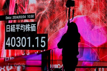 A photographer takes a photo of an electronic screen displaying Japan's Nikkei share average in Tokyo, Japan, March 4, 2024.