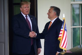 U.S. President Donald Trump welcomes Hungary's Prime Minister Viktor Orban as he arrives at the White House in Washington, U.S., May 13, 2019.