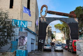 The Palestinian key of return is pictured near a UNRWA center in the Aida refugee camp in Bethlehem in the Israeli-occupied West Bank, February 5, 2024.