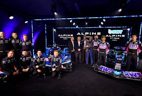 Formula One F1 - Alpine Car Launch - Enstone, Britain - February 7, 2024 Alpine's Pierre Gasly, Esteban Ocon and reserve driver Jack Doohan pose with the Alpine team at the new cars launch Action Images via Reuters/Andrew Boyers/File Photo