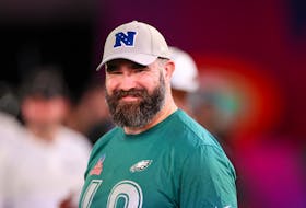 Feb 1, 2024; Orlando, FL, USA;  Philadelphia Eagles center Jason Kelce (62) participates in the NFL Pro Bowl Skills Competition at the UCF NIcholson Fieldhouse. Mandatory Credit: Nathan Ray Seebeck-USA TODAY Sports/File Photo