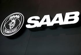The Saab Technologies logo is displayed during the fifth day of Dubai Air Show in Dubai, United Arab Emirates November 21, 2019.
