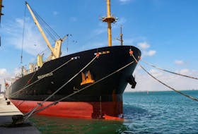 Greek-flagged bulk cargo vessel Sea Champion is docked to the port of Aden, Yemen to which it arrived after being attacked in the Red Sea in what appears to have been a mistaken missile strike by Houthi militia, February 21, 2024.