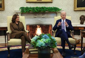 U.S. President Joe Biden and Vice President Kamala Harris meet with congressional leaders in the Oval Office at the White House in Washington, U.S., February 27, 2024.