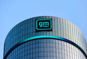 The new GM logo is seen on the facade of the General Motors headquarters in Detroit, Michigan, U.S., March 16, 2021. Picture taken March 16, 2021. 