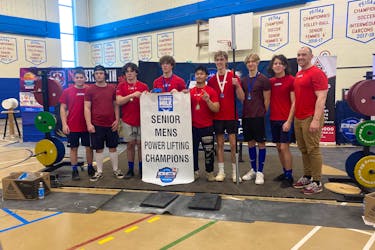 The École Francois-Buote Jaguars won the P.E.I. School Athletic Association senior boys’ powerlifting championship in Charlottetown recently. Team members are, from left, Benjamin Allain, Nathan Lewis, Mason MacKenzie, Maxime Morin, Allen Torrenueva (top lifter at the provincial championship), Avery Baker, Thomas Martin, Eliot White and Mitchell Caissy (head coach). Contributed.
