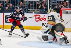 Mar 4, 2024; Columbus, Ohio, USA; Vegas Golden Knights goalie Adin Hill (33) makes a save on the shot from Columbus Blue Jackets left wing Alexander Nylander (92) during the second period at Nationwide Arena. Mandatory Credit: Russell LaBounty-USA TODAY Sports